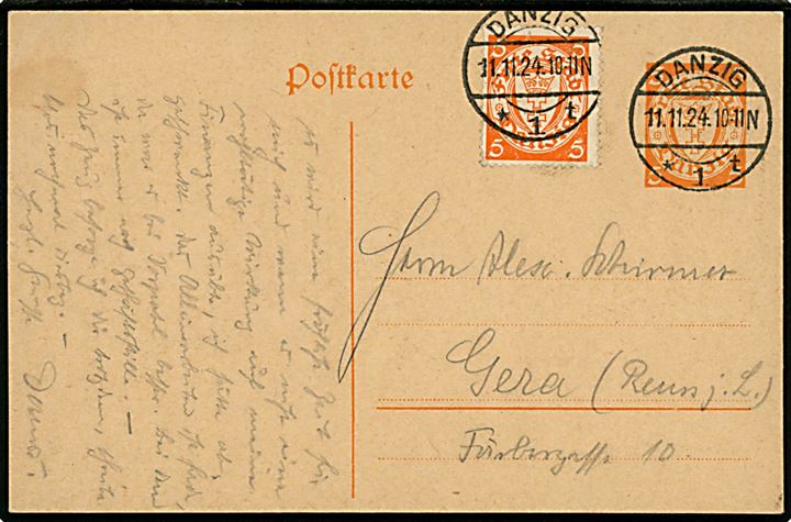 5 pfg. helsagsbrevkort opfrankeret med 5 pfg. Våben stemplet Danzig *1t d. 11.11.1924 til Gera, Tyskland.