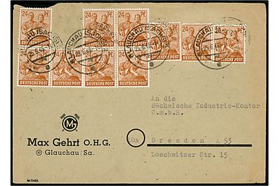 24 pfg. (10) på Zehnfach frankeret brev fra Glauchau (Sachs)2 d. 25.6.1948 til Dresden. Del af bagklap mgl.