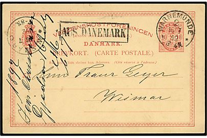 10 øre Våben helsagsbrevkort fra Gjedser annulleret med tysk stempel i Warnemünde 2 d. 16.7.1892 og sidestemplet AUS DÄNEMARK til Wismar, Tyskland.