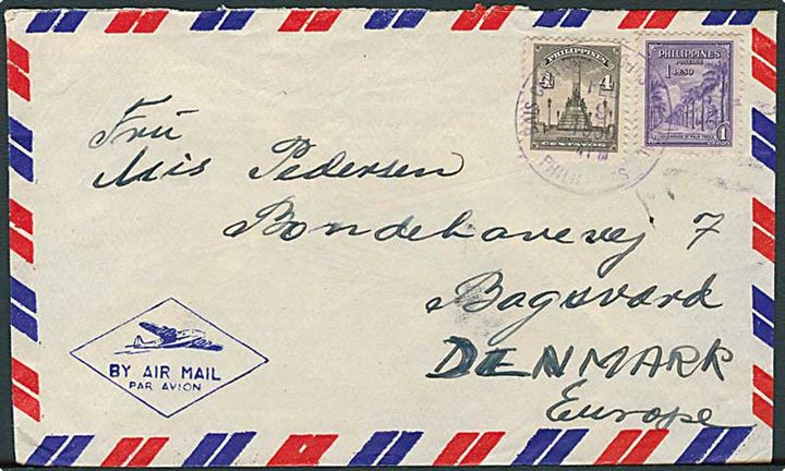 50 c. og 1 p. på luftpostbrev fra Manila d. 9.2.1950 til Bagsværd, Danmark. Fra sømand ombord på M/S Sally Mærsk.
