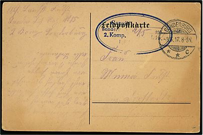 Ufrankeret feltpostkort stemplet Sonderburg d. 3.5.1917 til ?. Sendt fra soldat i Landw. Inf. Reg. 85 med svagt ovalt censurstempel: Geprüft / Sonderburg .... / 2. Komp........ Ldw. ........ 