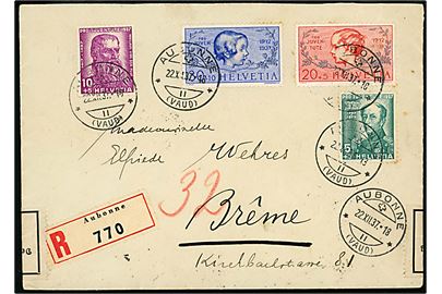 Pro Juventute 1937 udg, på anbefalet brev fra Aubonne d. 22.12.1937 til Bremen, Tyskland. Åbnet af tysk toldkontrol i Bremen.