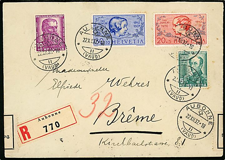 Pro Juventute 1937 udg, på anbefalet brev fra Aubonne d. 22.12.1937 til Bremen, Tyskland. Åbnet af tysk toldkontrol i Bremen.