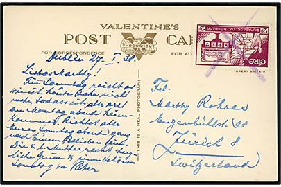 2d Forfatningsdag single på brevkort fra Dublin d. 27.1.1938 annulleret med violet kryds-stempel til Zürich, Scvhweiz.