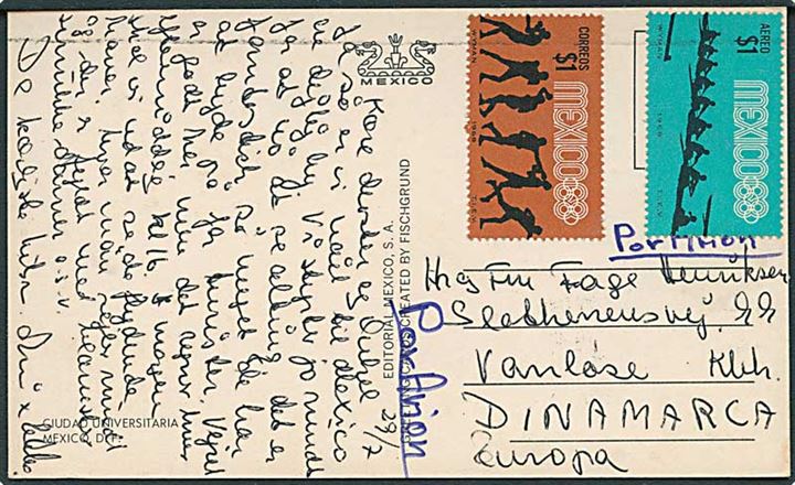1 p. Roning og 1 p. Boksning olympiade udg. på luftpost brevkort fra ca. 1968 til København, Danmark.