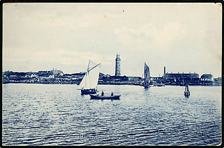 Hirtsholmene. Set fra vandet med havnen, Fyret mm. Søren Engsig no. 16352.