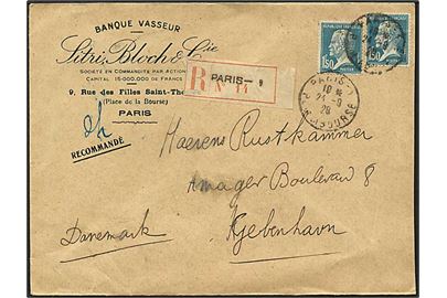 3 frank på Rec. brev fra Paris d. 24.9.1928 til København. Laksegl på bagsiden.