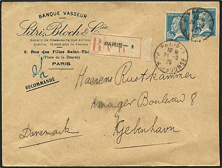 3 frank på Rec. brev fra Paris d. 24.9.1928 til København. Laksegl på bagsiden.