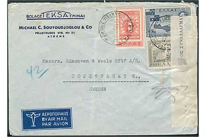 Blandingsfrankeret luftpostbrev fra Athen d. 3.9.1950 til København, Danmark. Åbnet af græsk toldkontrol.