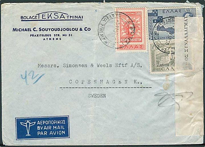 Blandingsfrankeret luftpostbrev fra Athen d. 3.9.1950 til København, Danmark. Åbnet af græsk toldkontrol.