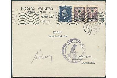 9 d. blandingsfrankeret brev fra Piræus d. 9.4.1938 til København, Danmark. Græsk toldkontrol.