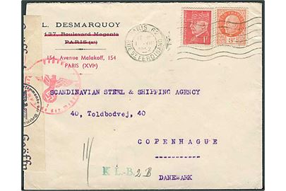 4 fr. frankeret brev fra Paris d. 1.8.1942 til København, Danmark. Åbnet af tysk censur i Hamburg.