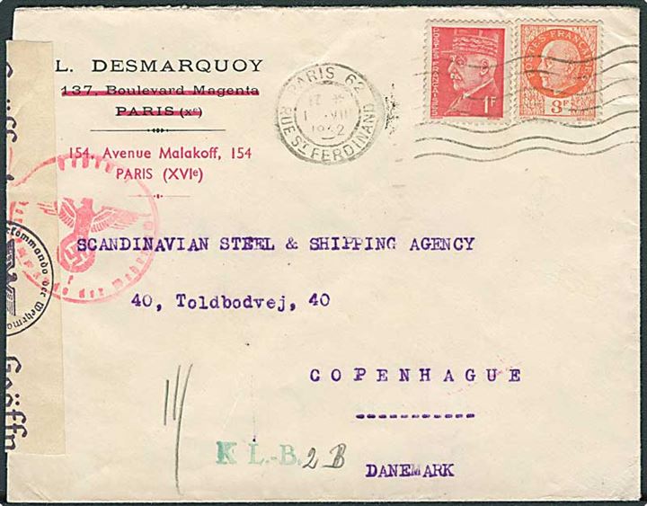 4 fr. frankeret brev fra Paris d. 1.8.1942 til København, Danmark. Åbnet af tysk censur i Hamburg.