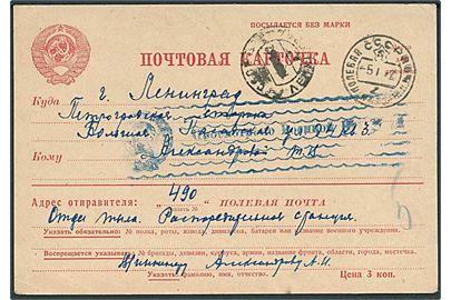 Ufrankeret fortrykt feltpostkort stemplet Polevaya Pochta (feltpost) No. 490 d. 5.1.1942 til Leningrad. Stort censurstempel.