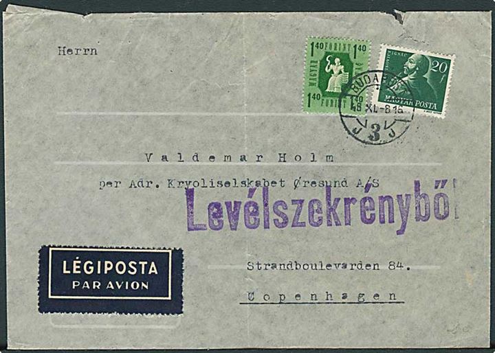1,40 f. frankeret luftpostbrev fra Budapest d. 8.11.1948 til København, Danmark. Liniestempel: Levelszekrenyböl.