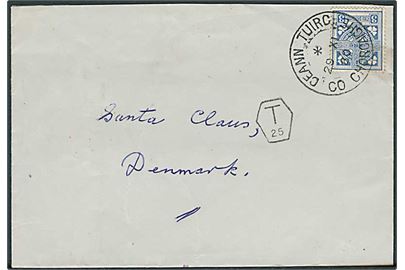 3 p. single på underfrankeret brev stemplet Ceann Tuirc d. 29.11.1960 til Santa Claus, Denmark. Sort portostempel T 25.