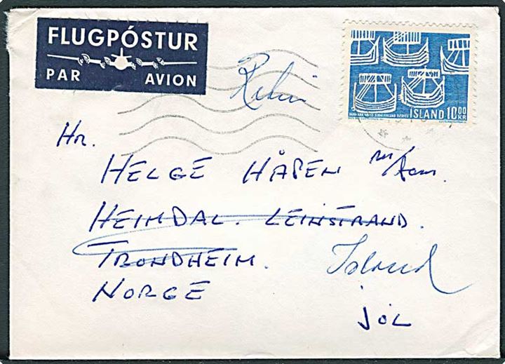 10 kr. Nordens Dag single på luftpostbrev med svagt stempel fra 1970 til Heimdal pr. Trondheim, Norge. Retur som ubekendt fra Heimdal d. 18.12.1970.