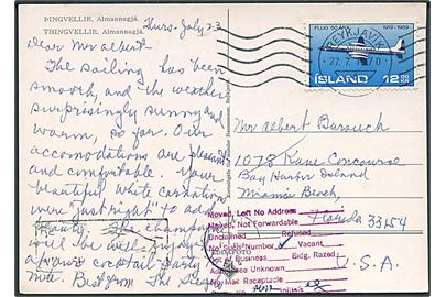 12 kr. Flyvning på brevkort fra Reykjavik d. 27.7.1970 til Miami, USA. Retur som ubekendt.