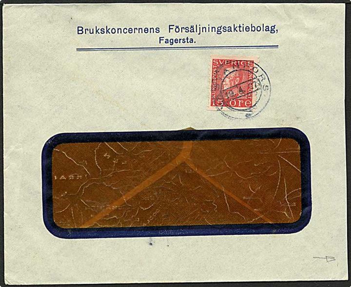 15 øre rød Gustav på reklamekuvert fra Stanfors d. 19.4.1927. Motiv af Europa på bagsiden af kuverten.