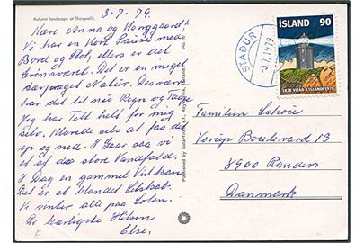90 kr. Blinkfyr på brevkort annulleret med brotype stempel i BLÅ farve Stadur d. 3.7.1979 til Randers, Danmark.