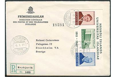Islands Universitet blok udg. på anbefalet FDC fra Reykjavik d. 6.10.1961 til Stockholm, Sverige.