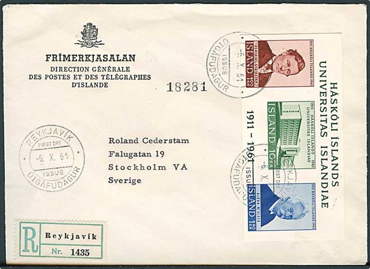 Islands Universitet blok udg. på anbefalet FDC fra Reykjavik d. 6.10.1961 til Stockholm, Sverige.