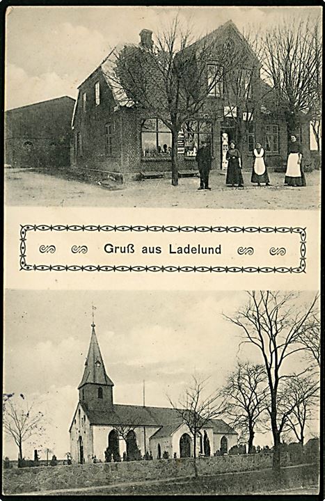 Tyskland, Ladelund, Gruss aus med kirke og forretning. P. Hiller no. 3035. Har været opklæbet.