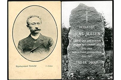 Rigsdagsmand Jens Jessen (1882-1906) og mindesten. To kort - ene med fold.