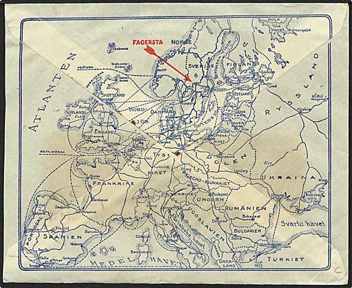 15 øre rød Gustav på reklamekuvert fra Stanfors d. 19.4.1927. Motiv af Europa på bagsiden af kuverten.