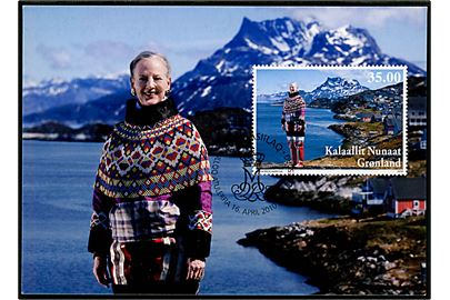 Dr. Margrethe II 70 år i grønlandsk dragt. 35 kr. udg. på maxi-kort stemplet Tasiilaq d. 16.4.2010. Post Greenland Bet. G446.