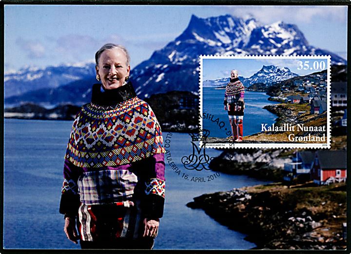 Dr. Margrethe II 70 år i grønlandsk dragt. 35 kr. udg. på maxi-kort stemplet Tasiilaq d. 16.4.2010. Post Greenland Bet. G446.
