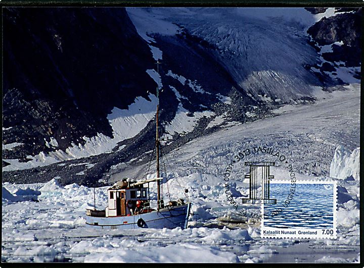 Fiskefartøj i isfyldt vand. 7 kr. på maxi-kort stemplet Tasiilaq d. 24.3.2010. Post greenland Bet. G444.