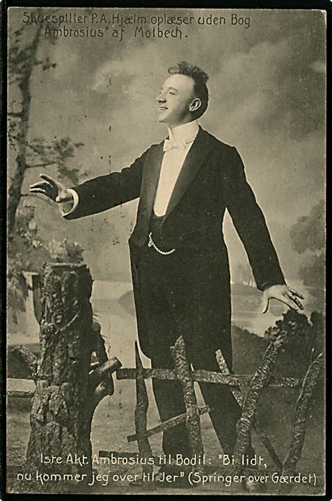 A/S Carl Stenders. Reklamekort sendt som tryksag med skuespiller P. A. Hjælm. Stenders no. 14011. Frankeret med 4 øre Bølgelinie stemplet Kjøbenhavn d. 7.12.1908 til Støvring.