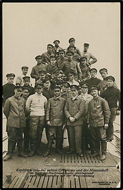 Handels-ubåd Deutschland, mandskab ved hjemkomst til Weser efter rejse til USA. Ocean Comfort Co. no. 5659.