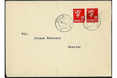 20 øre Løve i parstykke på brev annulleret med bureaustempel Raumabanen C d. 30.4.1942 til Moelven.