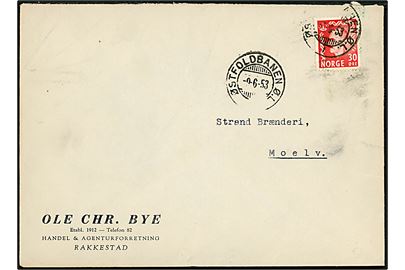 30 øre Haakon på brev fra Rakkestad annulleret med bureaustempel Østfoldbenen Ø. L. I d. 9.6.1953 til Moelv.