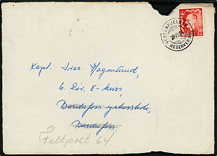 30 øre Hakon på BREVFORSIDE annulleret med reservestempel fra sejlende bureau VESTENFJELDSKE RESERVEP.XP. d. 29.8.1954 til officer i Bardufoss - eftersendt til Feltpost 64. 