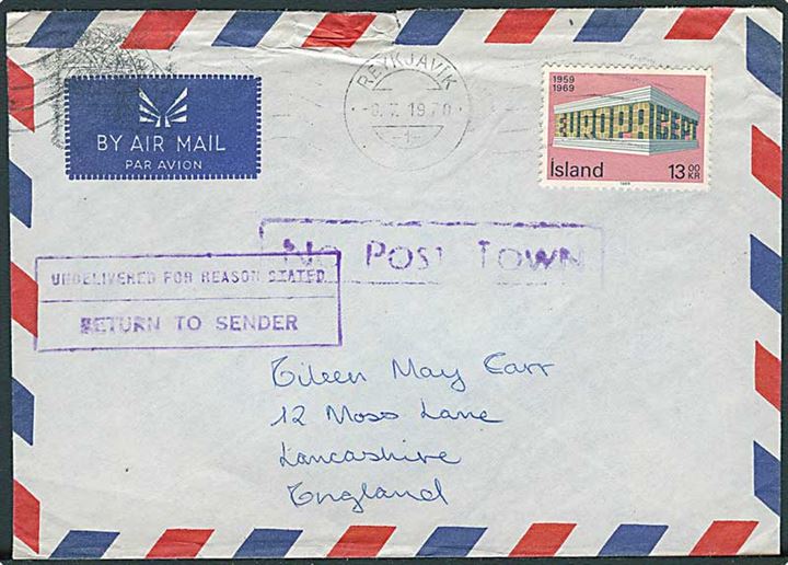 13 kr. Europa udg. på luftpostbrev fra Reykjavik d. 8.7.1970 til England. Retur pga. utilstrækkelig adresse med stempel No Post Town.