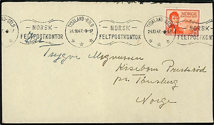 25 øre Postjubilæum på brev fra soldat i Stabs Komp. 1/Brig 472 Norske brigade i Tyskland annulleret med maskinstempel Norsk Feltpostkontor / Tyskland - Oslo d. 24.10.1947 til Tønsberg, Norge.