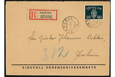 40 øre Offentlig Sak tjenestemærke på anbefalet brev fra Eidsvoll d. 9.7.1946 til Jessheim.