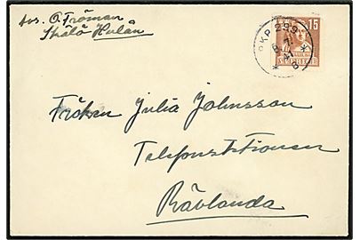 15 öre Tegel på brev fra Skålö pr. Hulån annulleret med bureaustempel PKP 299 *B* d. (= Vansbro-Ludvika) d. 8.7.1941 til Rävslanda.