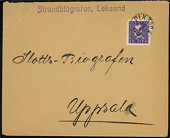 15 öre Gustaf på brev fra Leksand annulleret med bureaustempel PLK 348A (= Rättvik-Krylbo) d. 10.6.1923 til Uppsala.