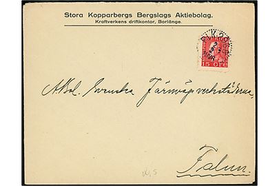 15 öre Gustaf på brev fra Stora Kopparbergs Bergslag i Borlänge annulleret med bureaustempel PLK 296B (= Falun-(Daglösen)-Kil) d. 2.2.1926 til Falun.