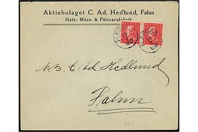 15 öre Gustaf i parstykke på brev fra Falun annulleret med bureaustempel PLK 296D (=Falun-(Daglösen)-Kil) d. 19.7.1927 til Falun.