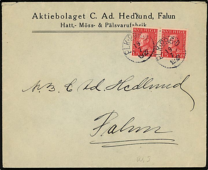 15 öre Gustaf i parstykke på brev fra Falun annulleret med bureaustempel PLK 296D (=Falun-(Daglösen)-Kil) d. 19.7.1927 til Falun.