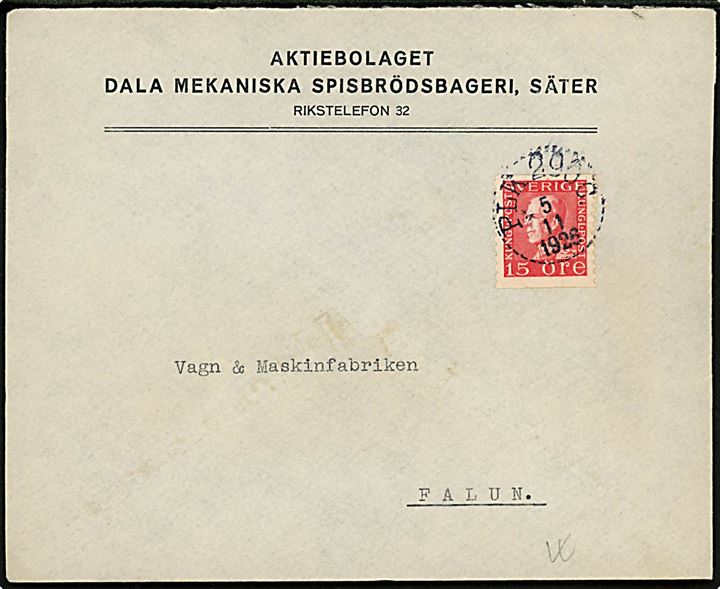 15 öre Gustaf på brev fra Säter annulleret med bureaustempel PLK 296C (= Falun-(Daglösen)-Kil) d. 5.10.1926 til Falun.