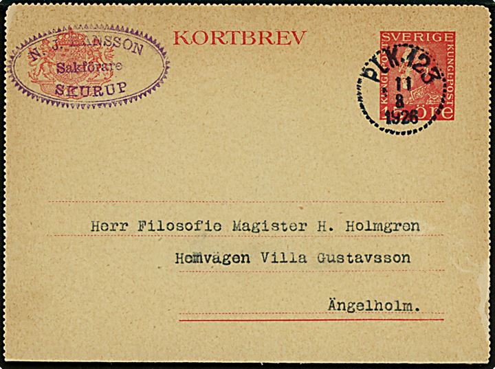15 öre Gustaf helsags korrespondancekort fra Skurup annulleret med bureaustempel PLK 123 (= Malmö - Ystad) d. 11.8.1926 til Ängelholm.