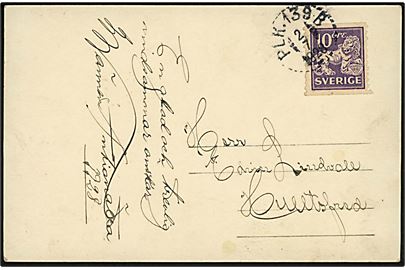 10 öre Løve på brevkort fra Malmö annulleret med bureaustempel PLK 139B (= Nässjö - Malmö) d. 2.7.1928 til Hultsfred.