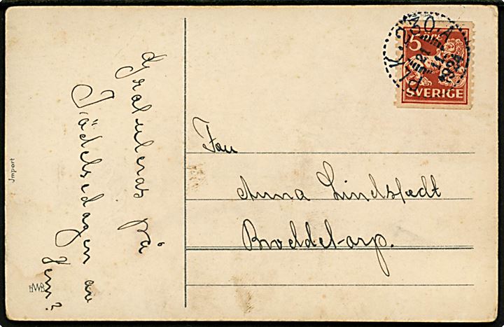 5 öre Løve på brevkort annulleret med bureaustempel PLK 230A (= Lidköping - Stenstorp) d. 21.11.1924 til Broddetorp