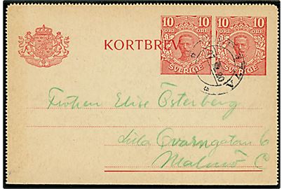 10+10 öre provisorisk helsags korrespondancekort dateret Deje annulleret med bureaustempel PKP 377A (= Filipstad - Karlstad) d. 27.12.1920 til Malmö.